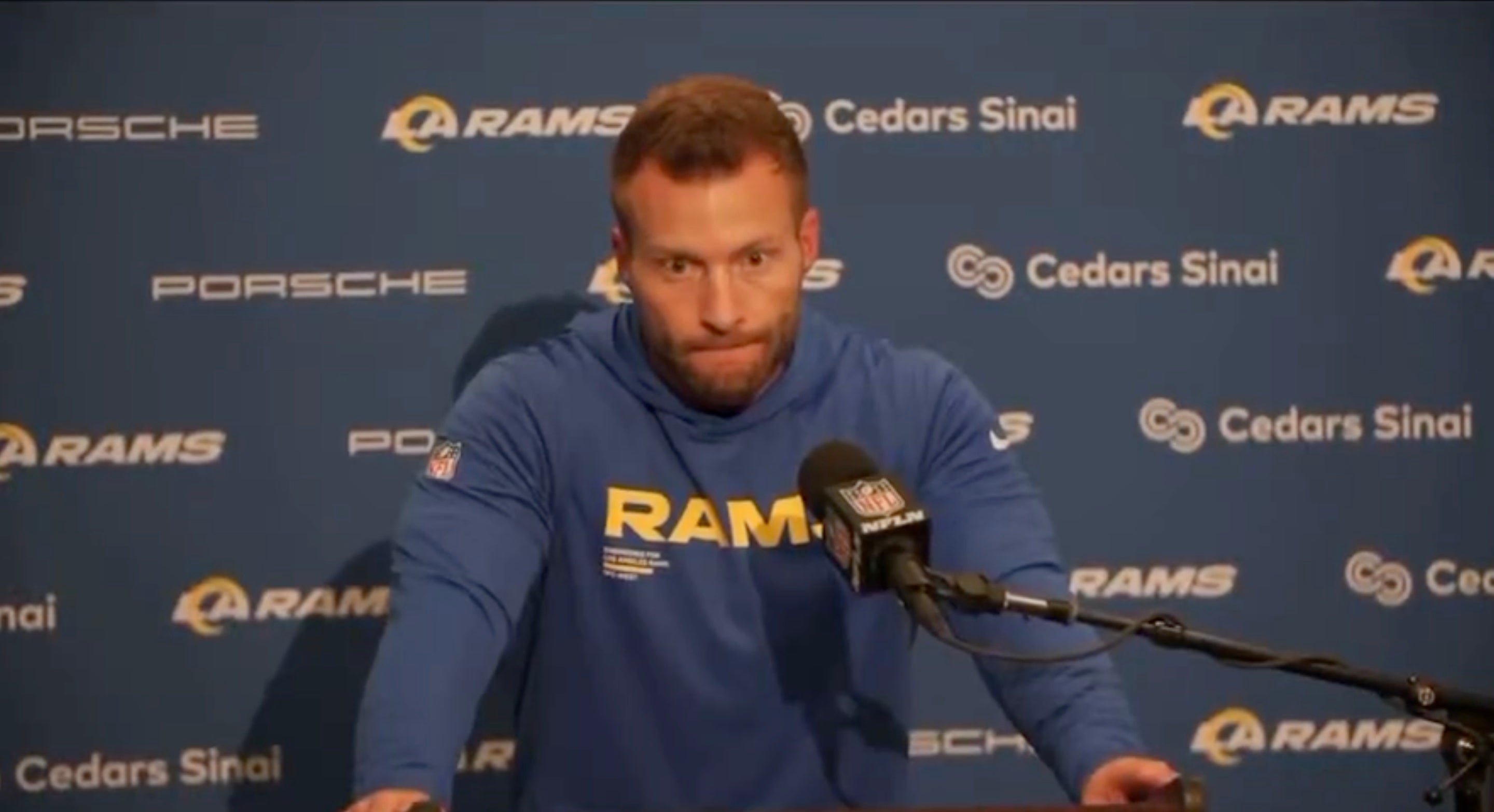 Sean McVay talks with reporters about Puka Nacua's tweet criticizing the refs after the Rams' loss to the Seahawks.